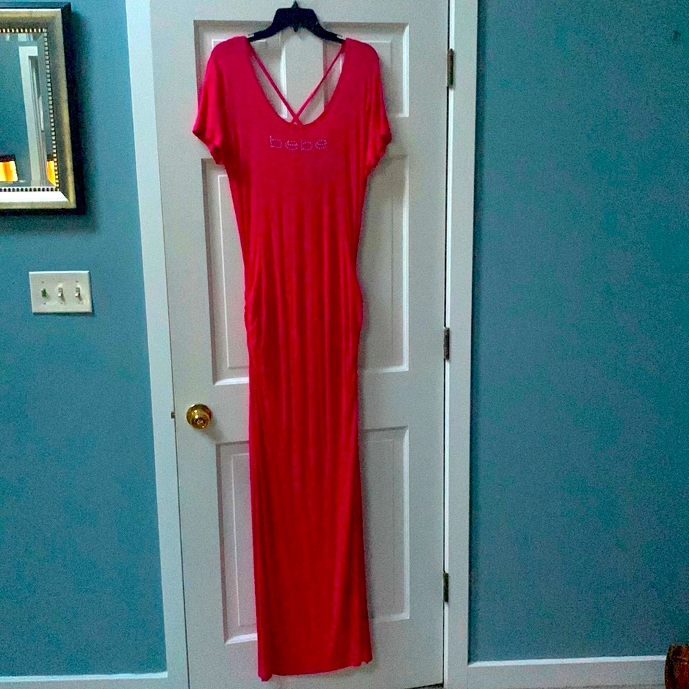 bebe long TALL dress. Sleek and sexy. Hot pink. Size L